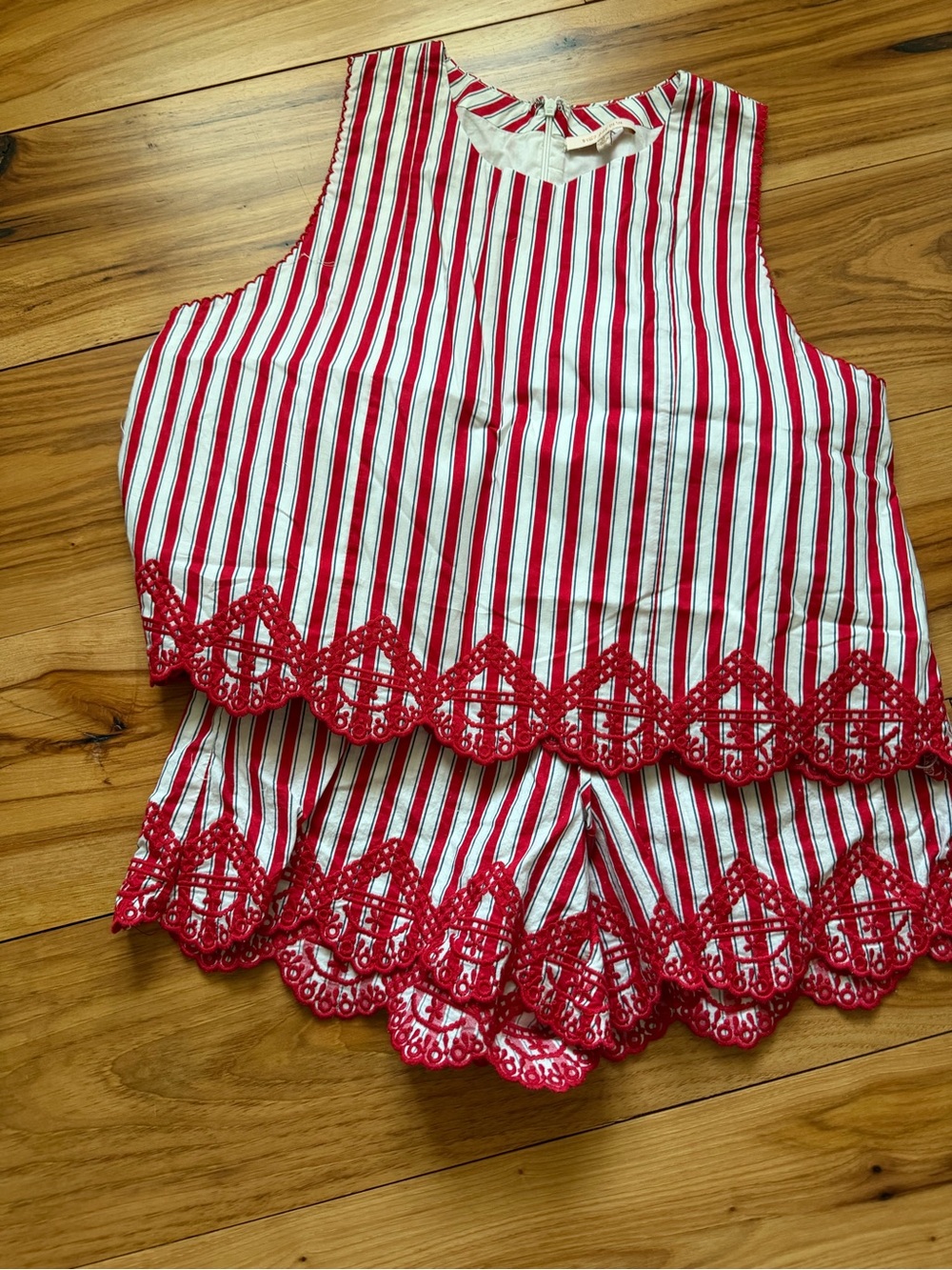 Red & White Striped Lace-Trim Tank and Shorts Set